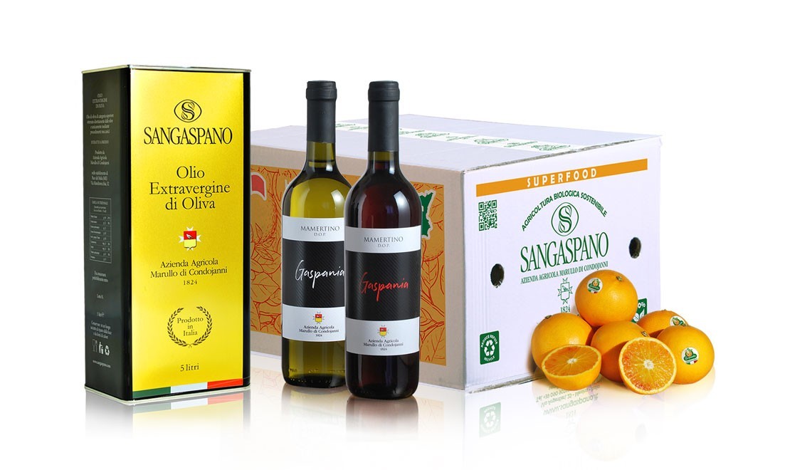 Organic citrus fruit, oil and Sicilian wine mix